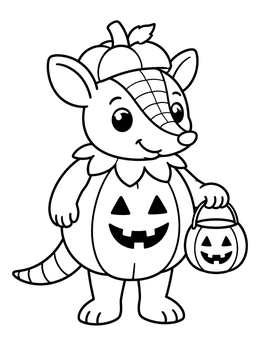 A happy armadillo coloring page dressed in a Halloween pumpkin costume with a treat bucket.