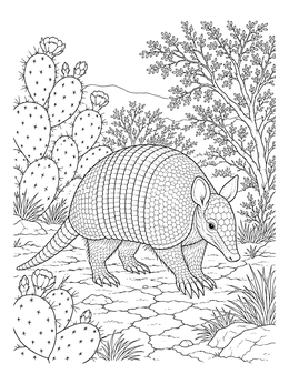 An armadillo coloring page showing the armored creature walking past prickly pear cacti.