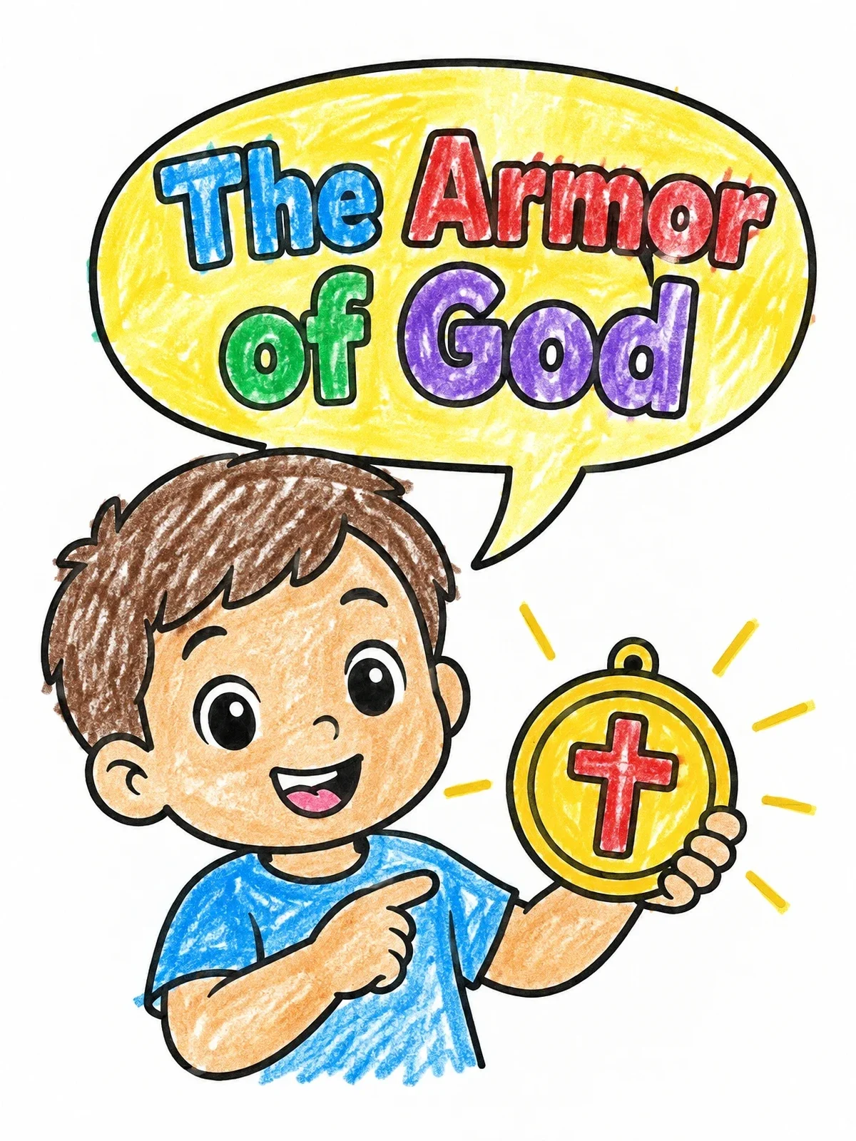 Colored example of the Boy Holding Faith Medallion coloring page
