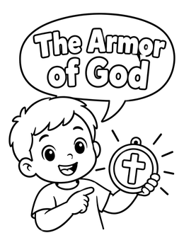 A cheerful boy with an armor of god coloring page holding a faith medallion.