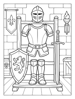 A medieval armor of god coloring page showing a full suit of armor on a wooden rack inside a castle.