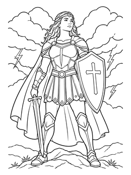A woman warrior stands firm against lightning on this armor of god coloring page.