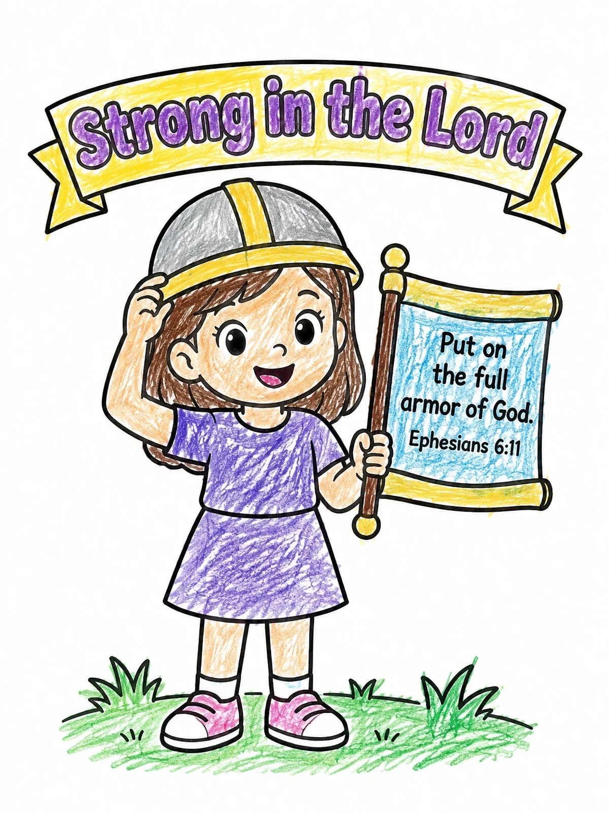 Colored example of the Girl With Helmet Of Salvation coloring page