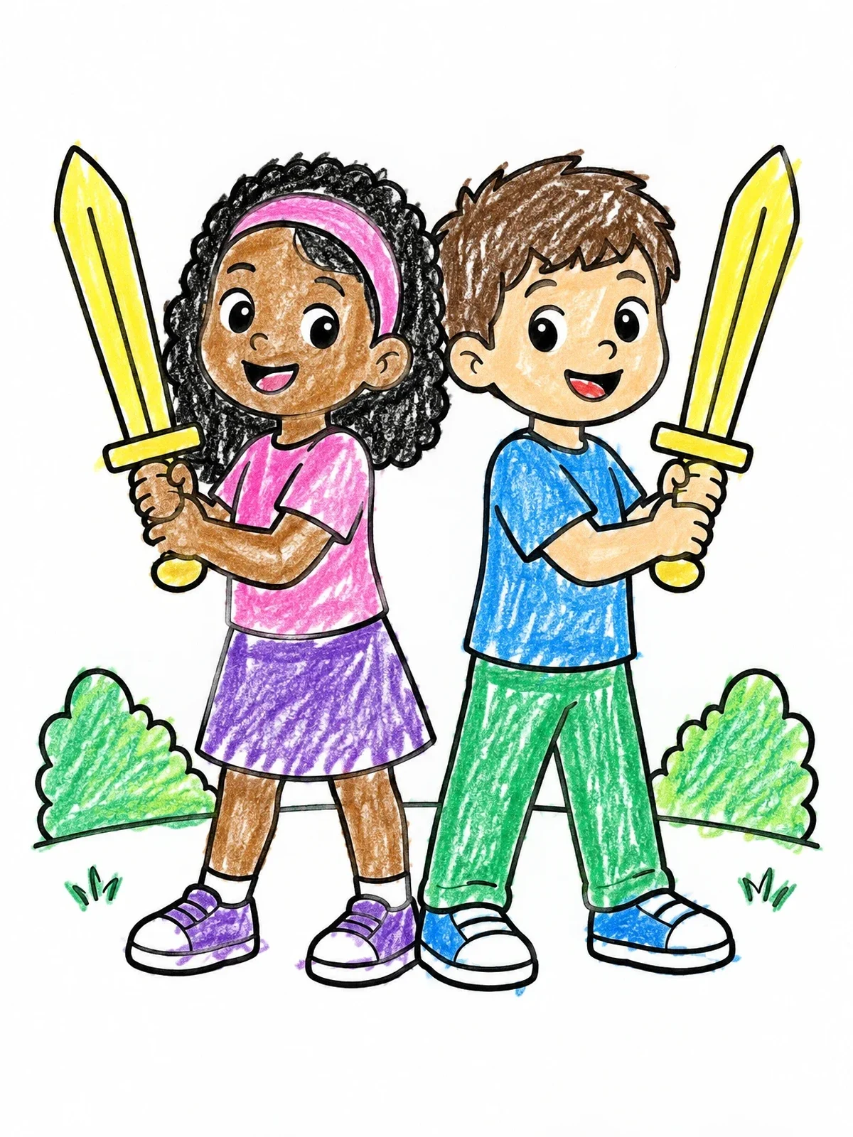 Colored example of the Children Holding Swords Of The Spirit coloring page