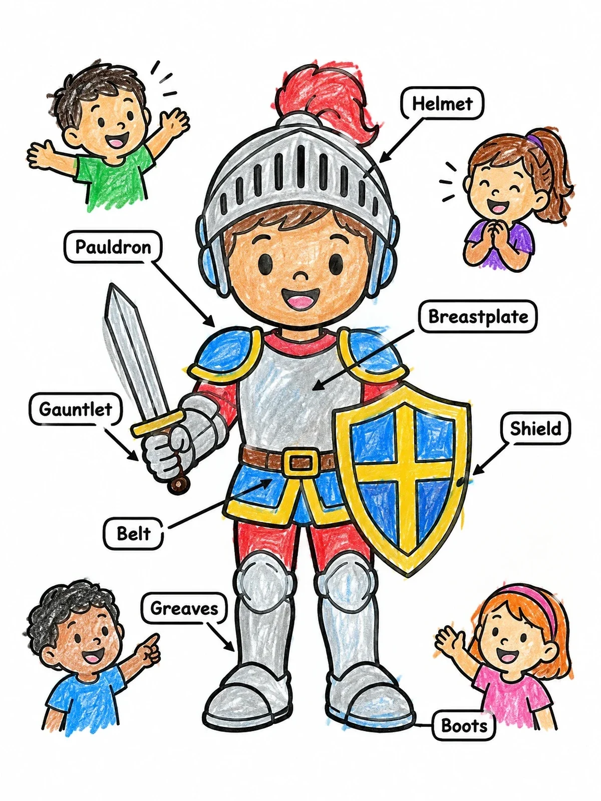 Colored example of the Child In Armor With Labels coloring page