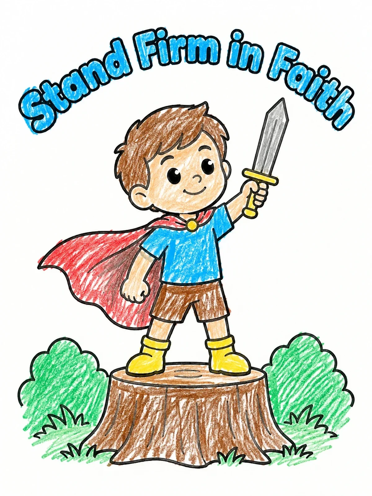 Colored example of the Little Hero Standing On A Stump coloring page