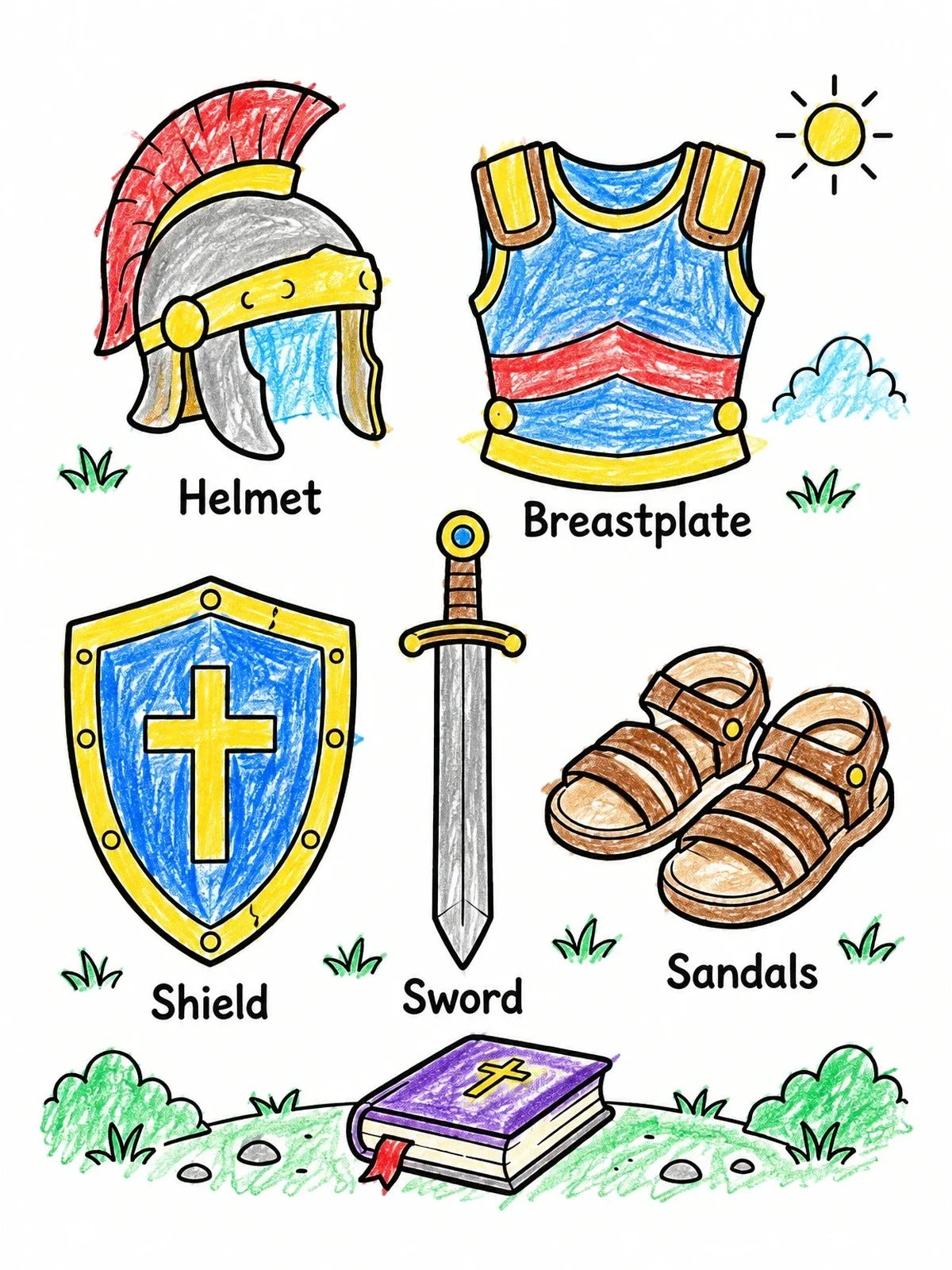 Colored example of the Armor Of God Set With Labels coloring page