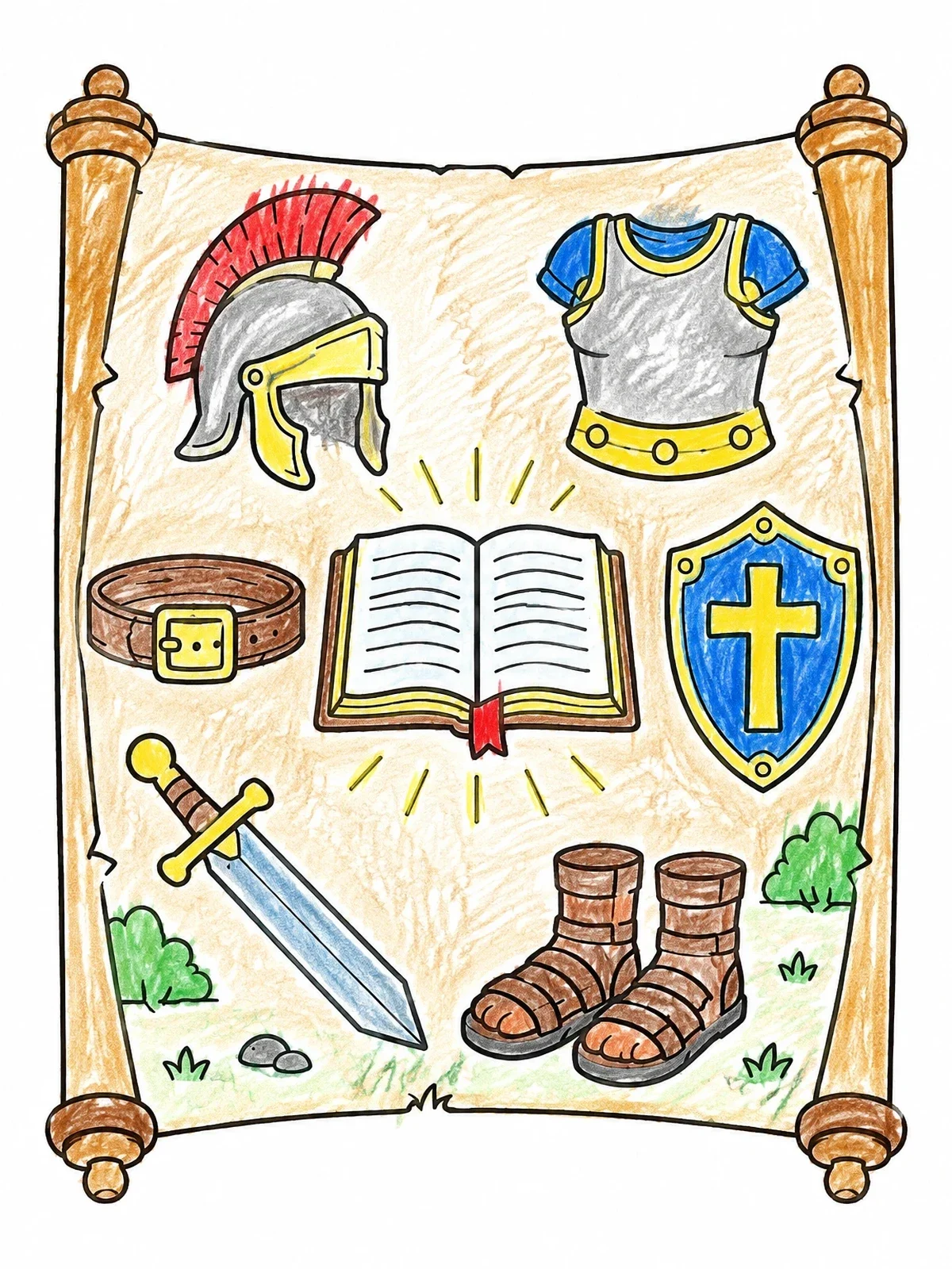 Colored example of the Armor Of God Scroll And Bible coloring page