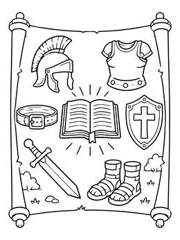 An armor of god coloring page featuring biblical armor pieces around an open Bible on an ancient scroll.