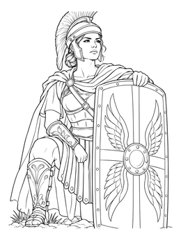 A woman warrior kneels beside a decorated shield in this armor of god coloring page.