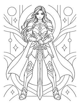 An anime girl warrior coloring page showing a knight in ornate armor holding a broadsword.