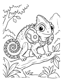 A friendly armored lizard in a chameleon coloring page perched outdoors on a tree branch.