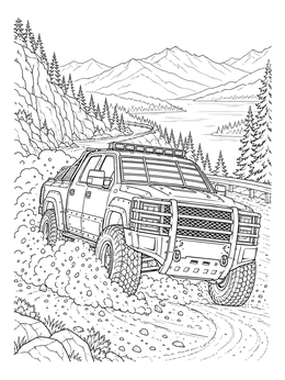 A rugged off-road derby car coloring page featuring an armored truck drifting on a mountain road.