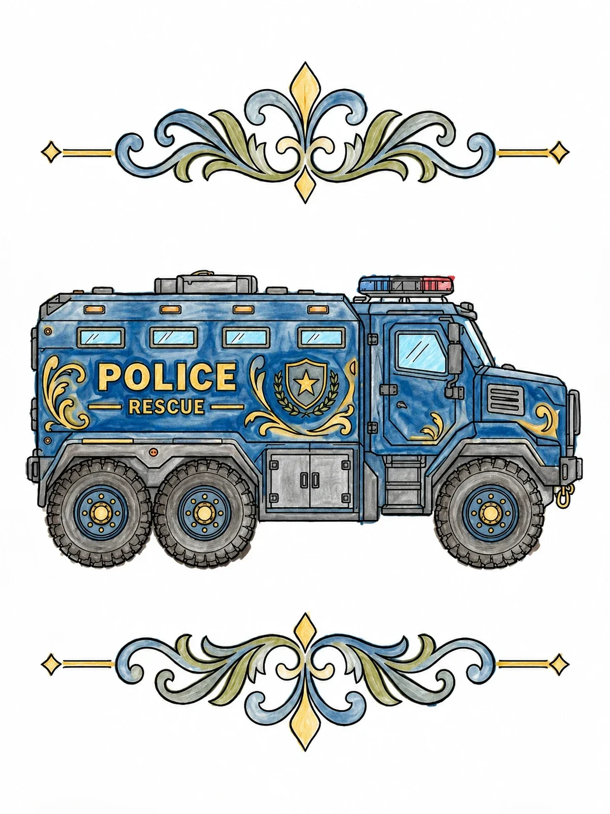 Colored example of the Armored Police Rescue Truck coloring page