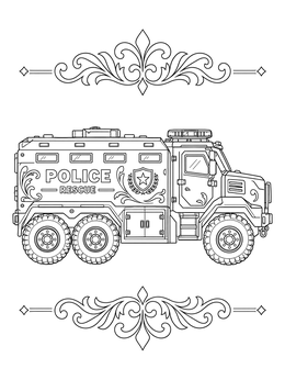 Detailed police truck coloring page featuring a heavy armored vehicle framed with decorative filigree.