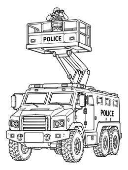 An armored police truck coloring page featuring an officer in a raised observation lift.