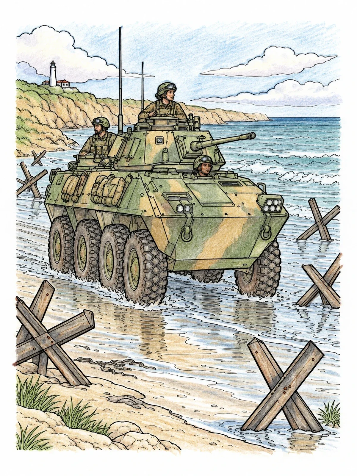 Colored example of the Armored Vehicle On The Beach coloring page
