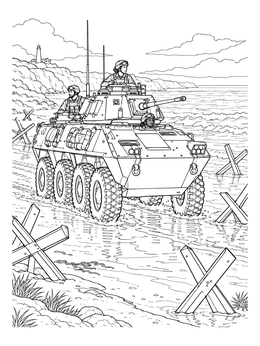 An armored reconnaissance vehicle rolls past coastal obstacles in this detailed d day coloring page.