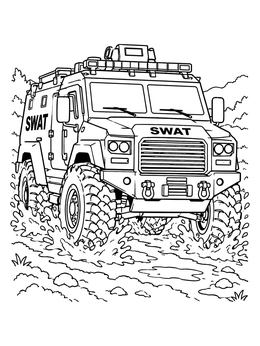 An armored police truck coloring page showing an off-road vehicle splashing through mud.