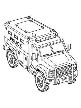 An armored police truck coloring page shown from a high-angle view.