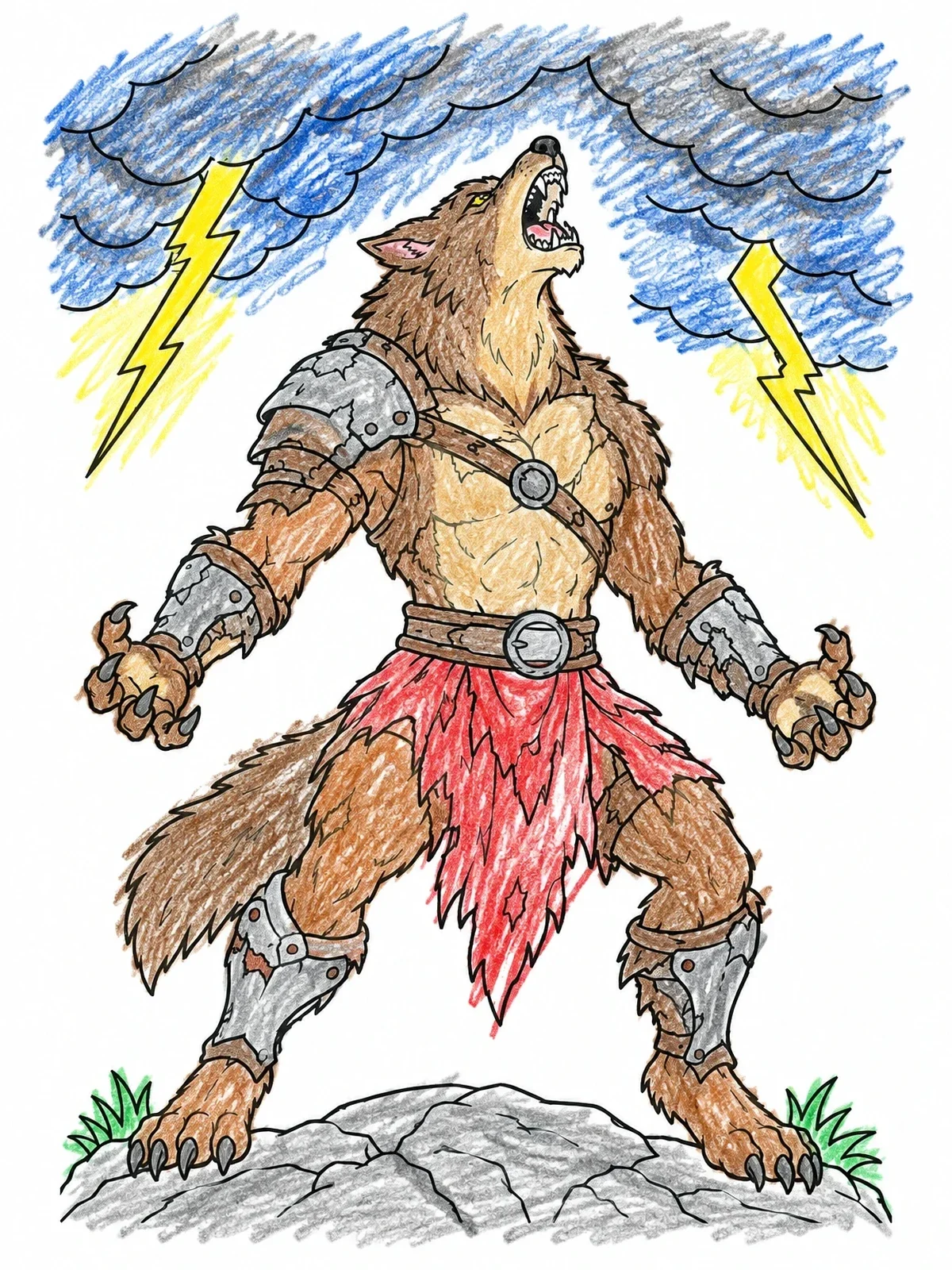 Colored example of the Armored Werewolf Howling At The Storm coloring page