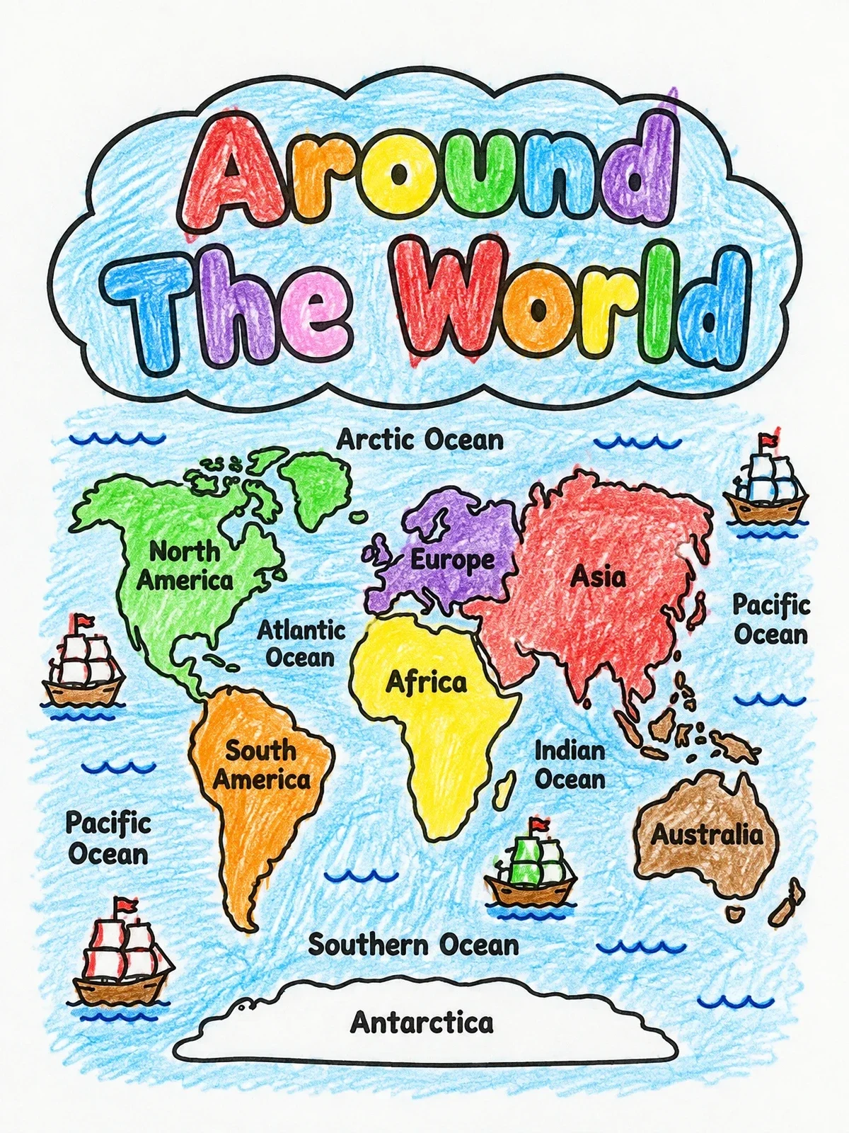 Colored example of the Around The World Continents Map coloring page