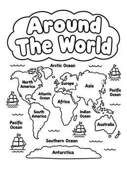 Free printable Around The World Continents Map coloring page