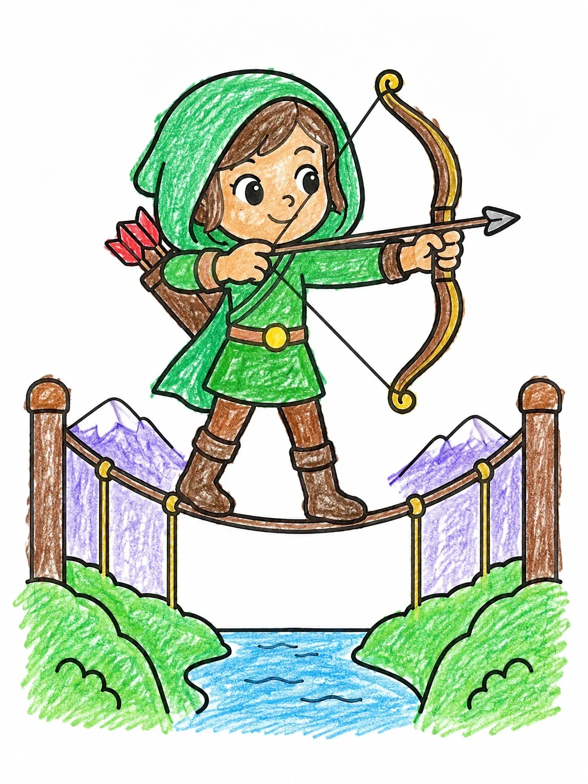 Colored example of the Hooded Archer On A Bridge Cable coloring page