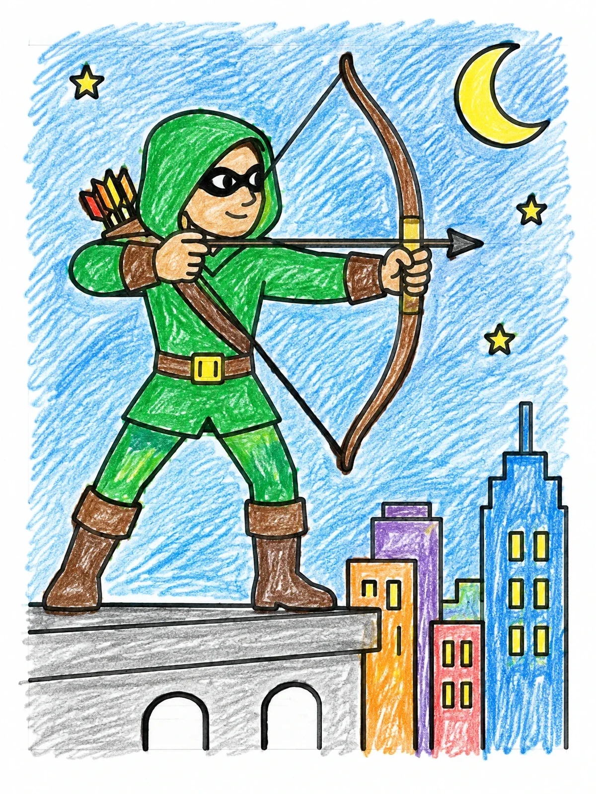 Colored example of the Masked Archer On City Rooftop coloring page