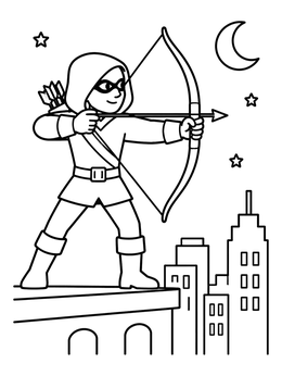 Free printable Masked Archer On City Rooftop coloring page