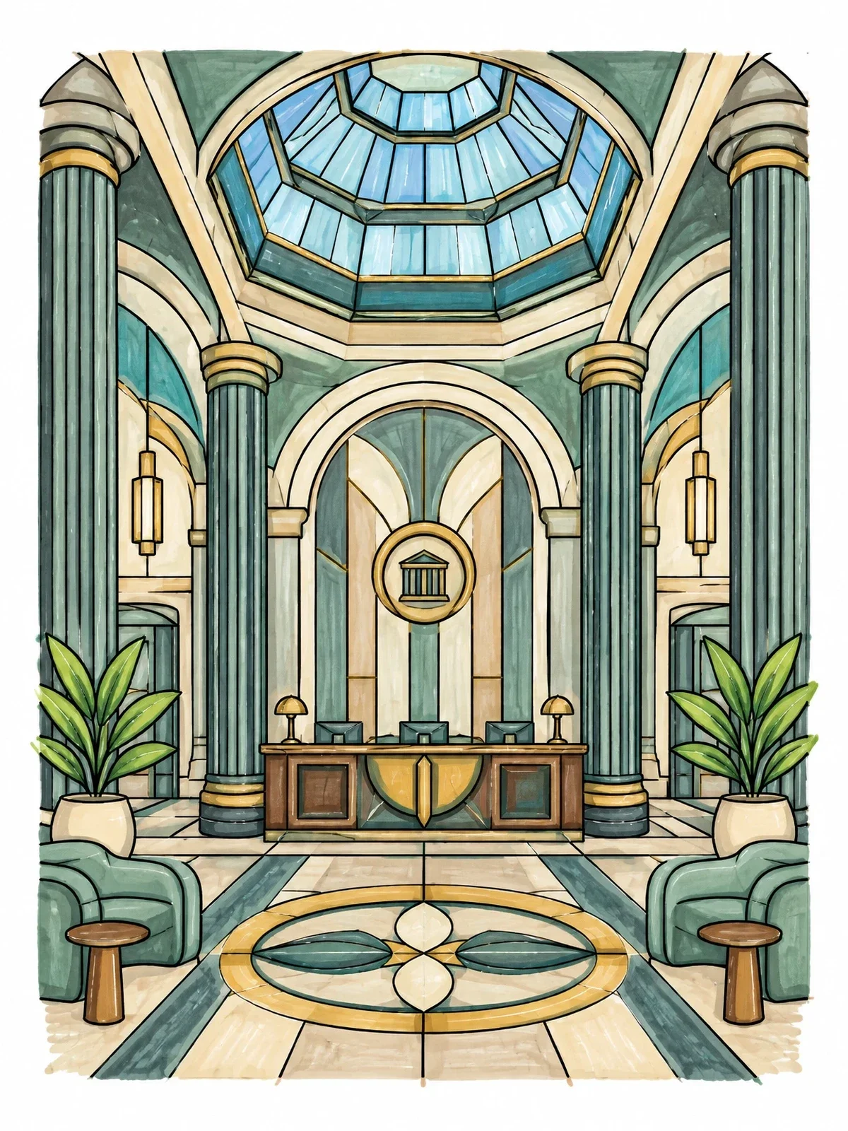 Colored example of the Grand Art Deco Bank Lobby coloring page