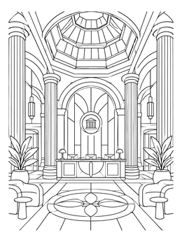 An ornate bank lobby interior in this art deco coloring page with columns and a dome.
