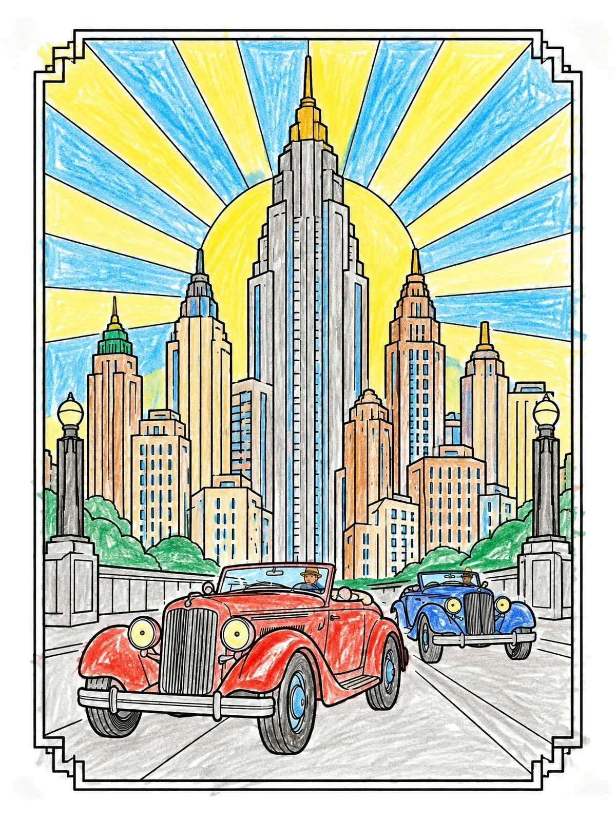 Colored example of the Art Deco Cityscape With Classic Cars coloring page