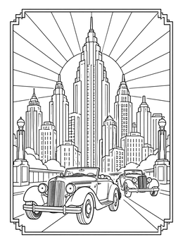 Free printable Art Deco Cityscape With Classic Cars coloring page