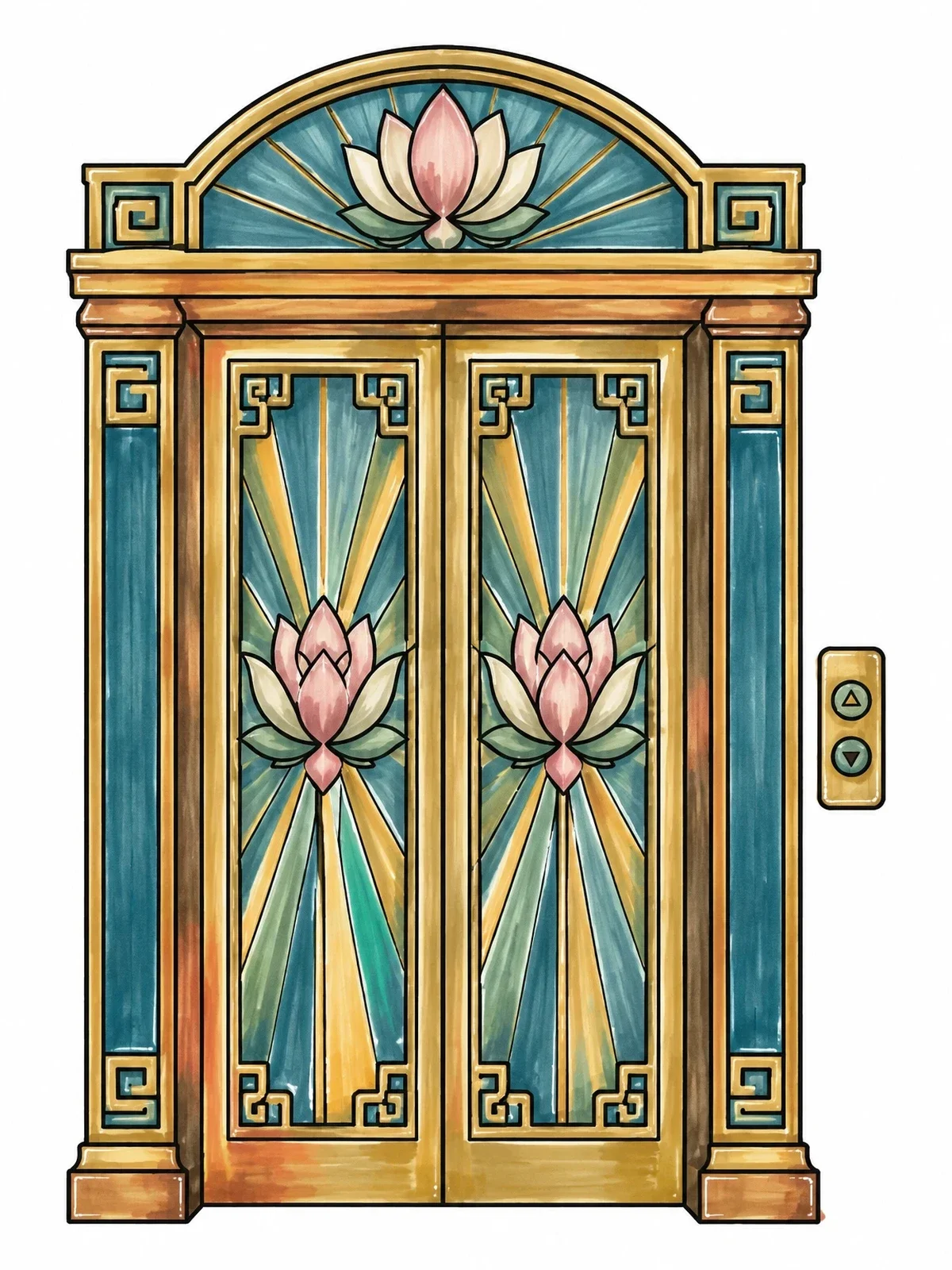 Colored example of the Art Deco Elevator Doors With Lotus Flowers coloring page
