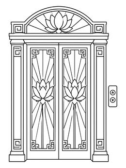 An ornate art deco coloring page depicting grand elevator doors with lotus patterns and sunbursts.