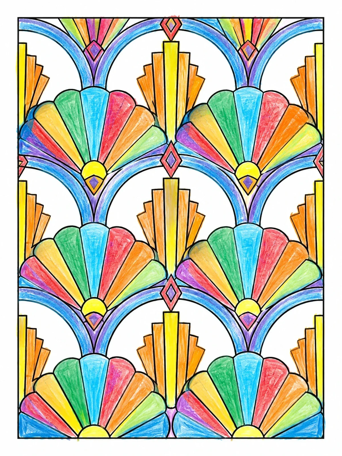 Colored example of the Art Deco Fan And Arch Pattern coloring page