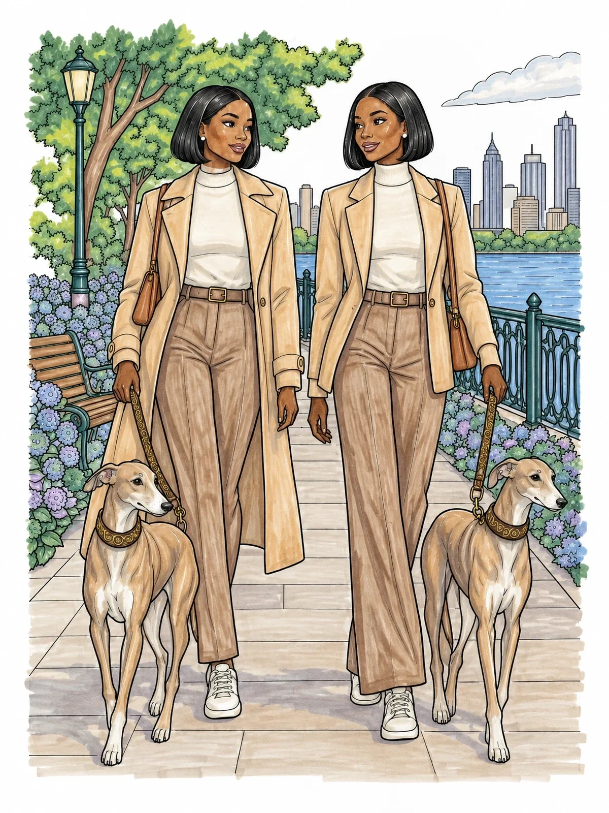 Colored example of the Fashionable Women Walking Greyhounds coloring page