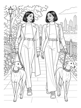 Two women with sleek bob haircuts walking their greyhounds in an art deco coloring page.