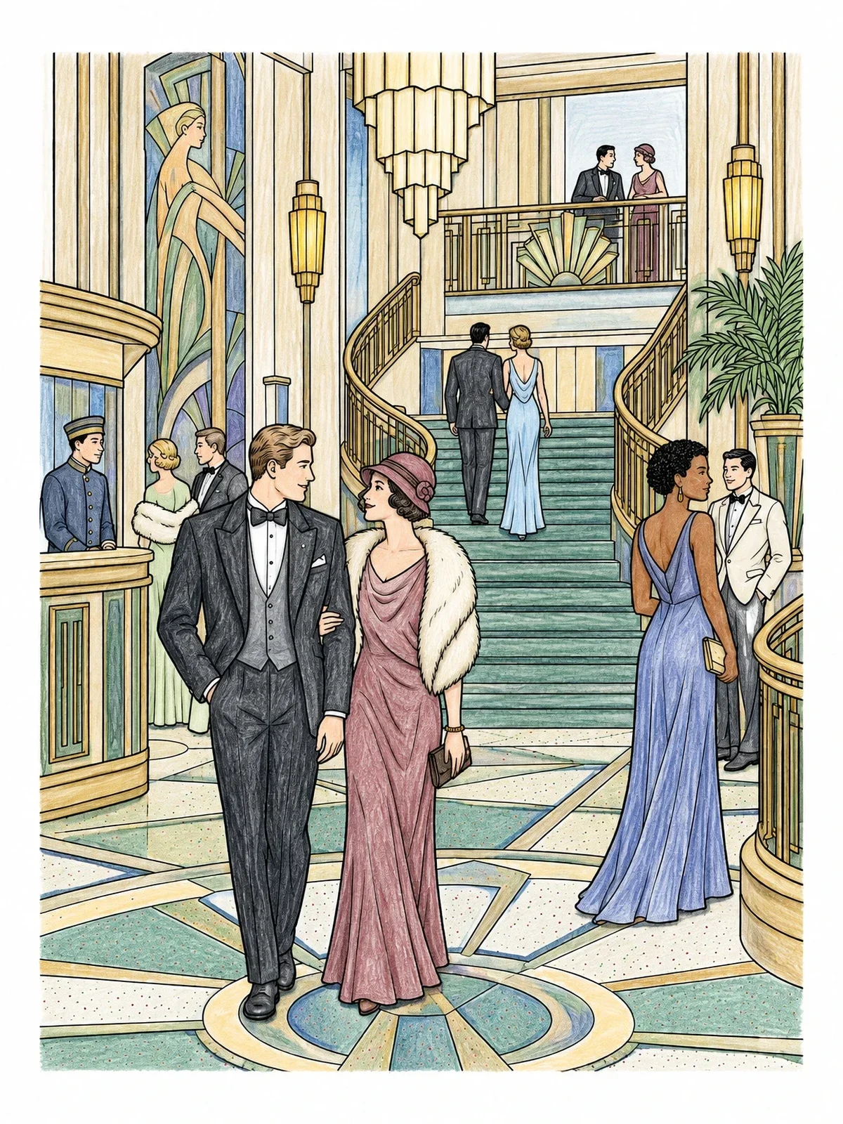 Colored example of the Glamorous Art Deco Grand Lobby coloring page