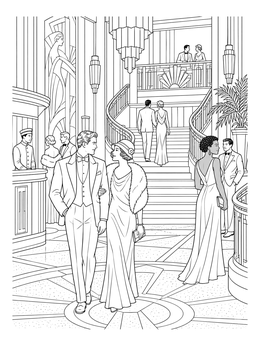 Elegant couples gather in a theater hall in this art deco coloring page.