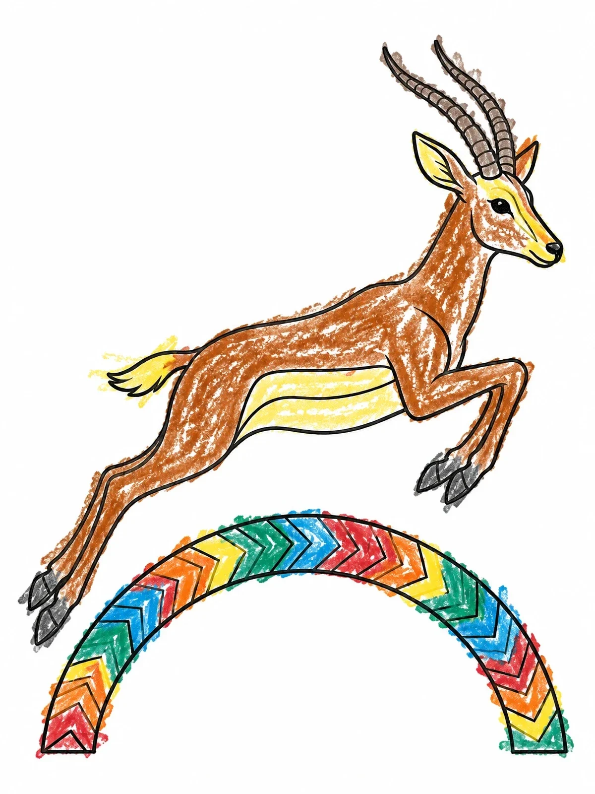 Colored example of the Art Deco Leaping Gazelle coloring page