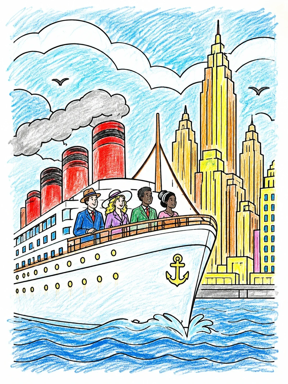 Colored example of the Art Deco Ocean Liner And City Skyline coloring page