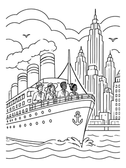 Free printable Art Deco Ocean Liner And City Skyline coloring page