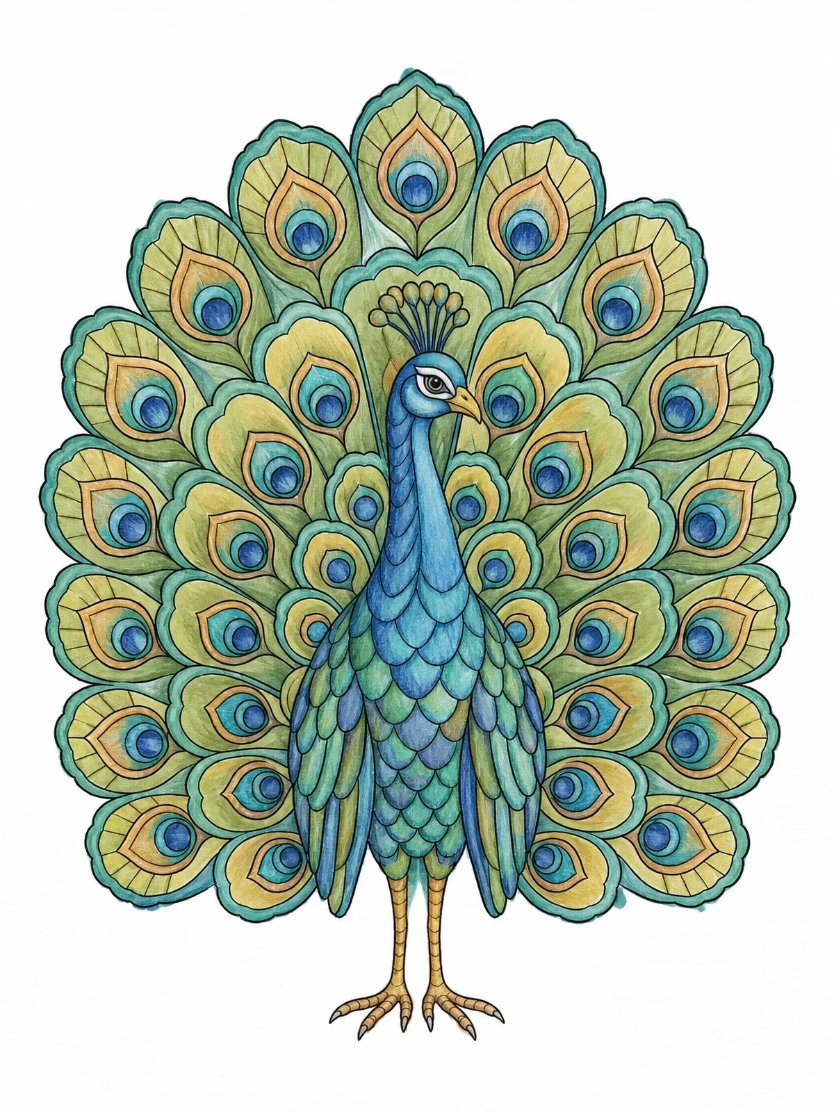 Colored example of the Art Deco Peacock Feather Display coloring page