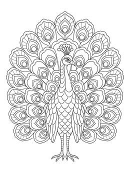An elegant peacock with symmetrical feathers in an art deco coloring page.