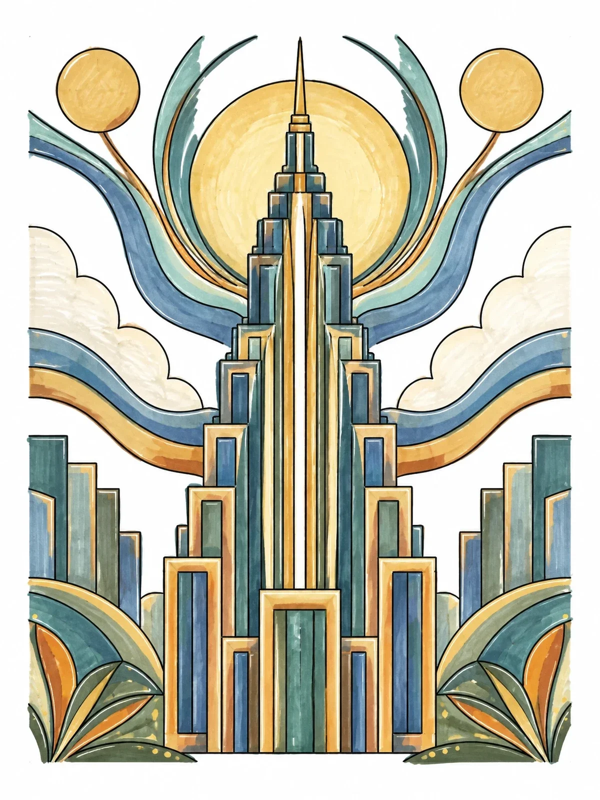 Colored example of the Art Deco Stepped Skyscraper coloring page