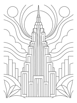 Geometric skyscraper in an art deco coloring page with a spire and sunburst lines.