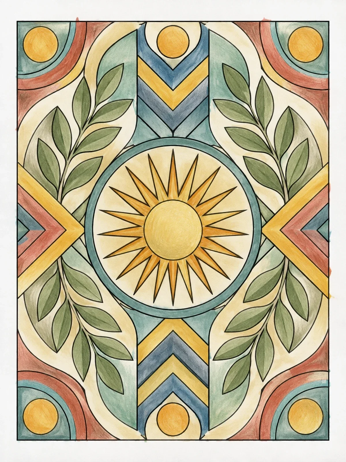 Colored example of the Art Deco Sunburst And Laurel Medallion coloring page