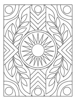 An ornate art deco coloring page featuring a central sunburst medallion framed by stylized laurel leaves.